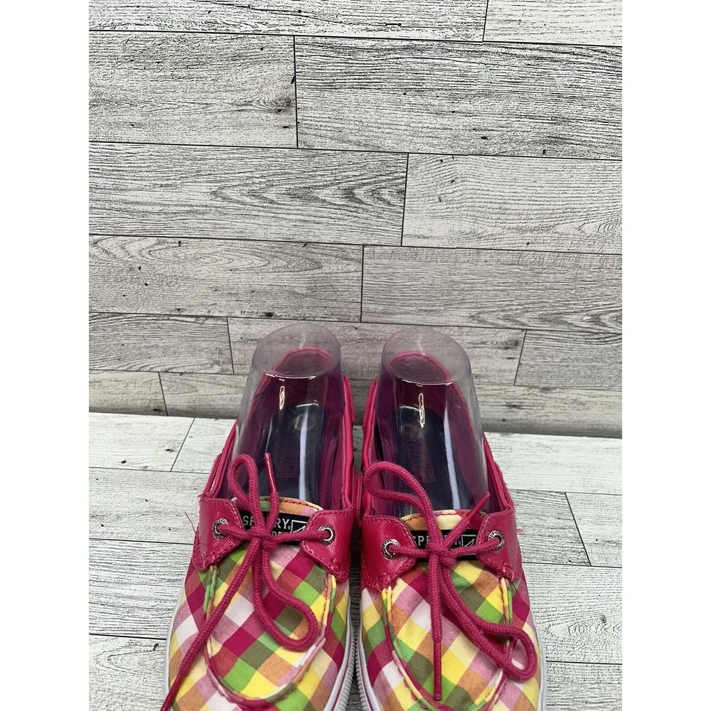 Sperry Top-Sider Pink Yellow Green Plaid Boat Loafer‎ Shoes Size 4.5M Biscayne